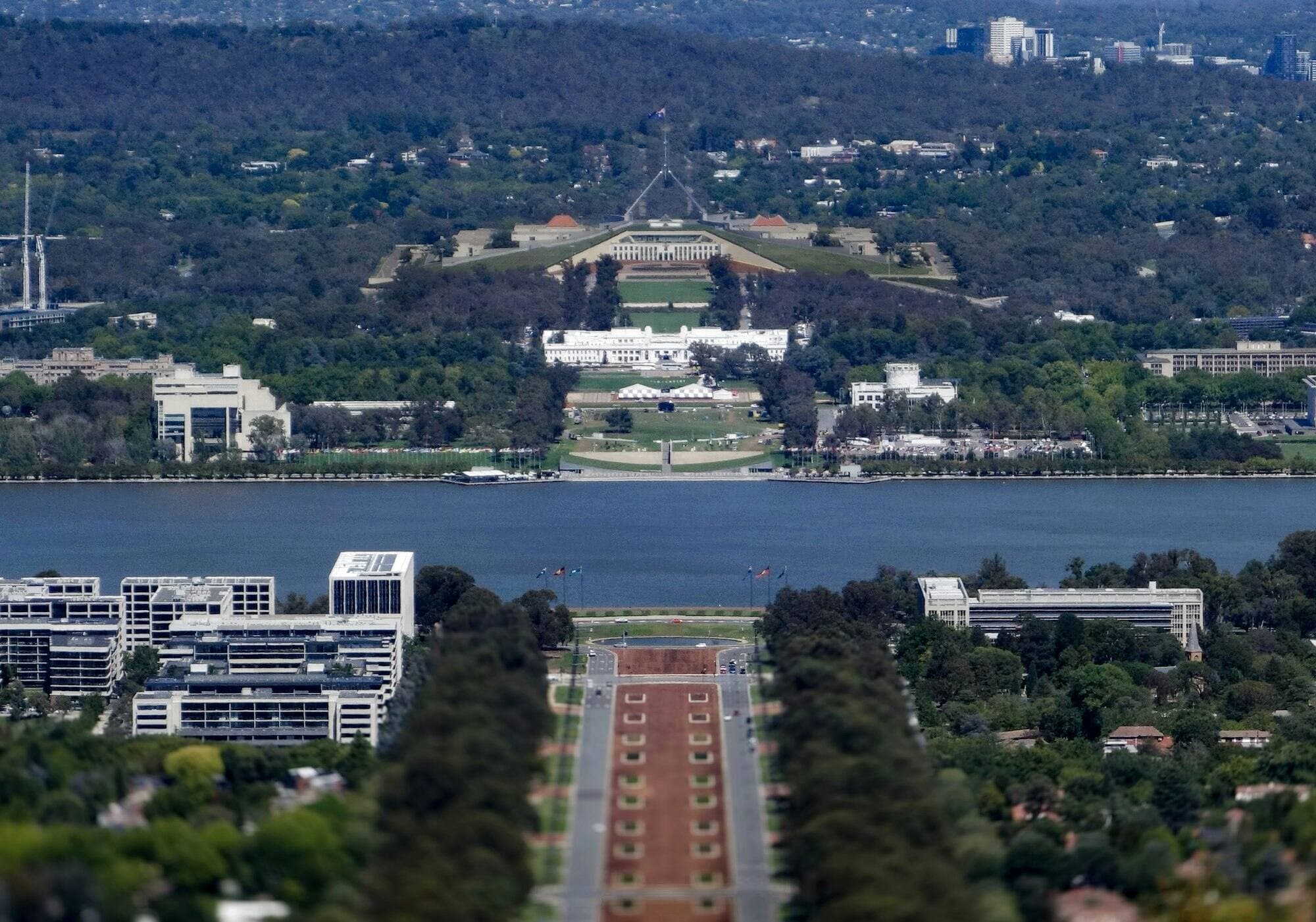 View across Lake Burley Griffin to Parliament House and the parliamentary triangle in Canberra