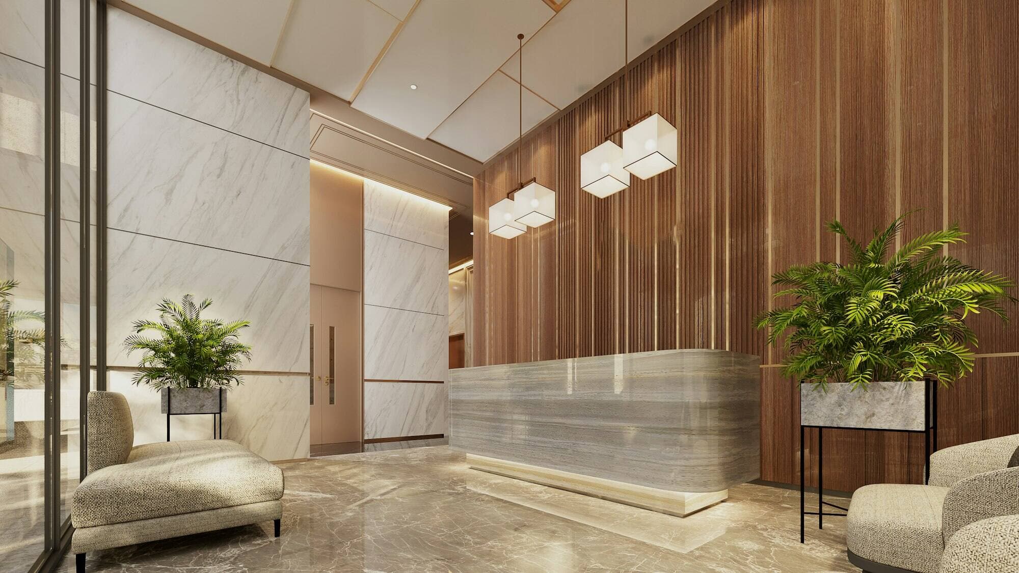 A calm office reception with a marble desk, timber wall panels, armchairs and potted plants