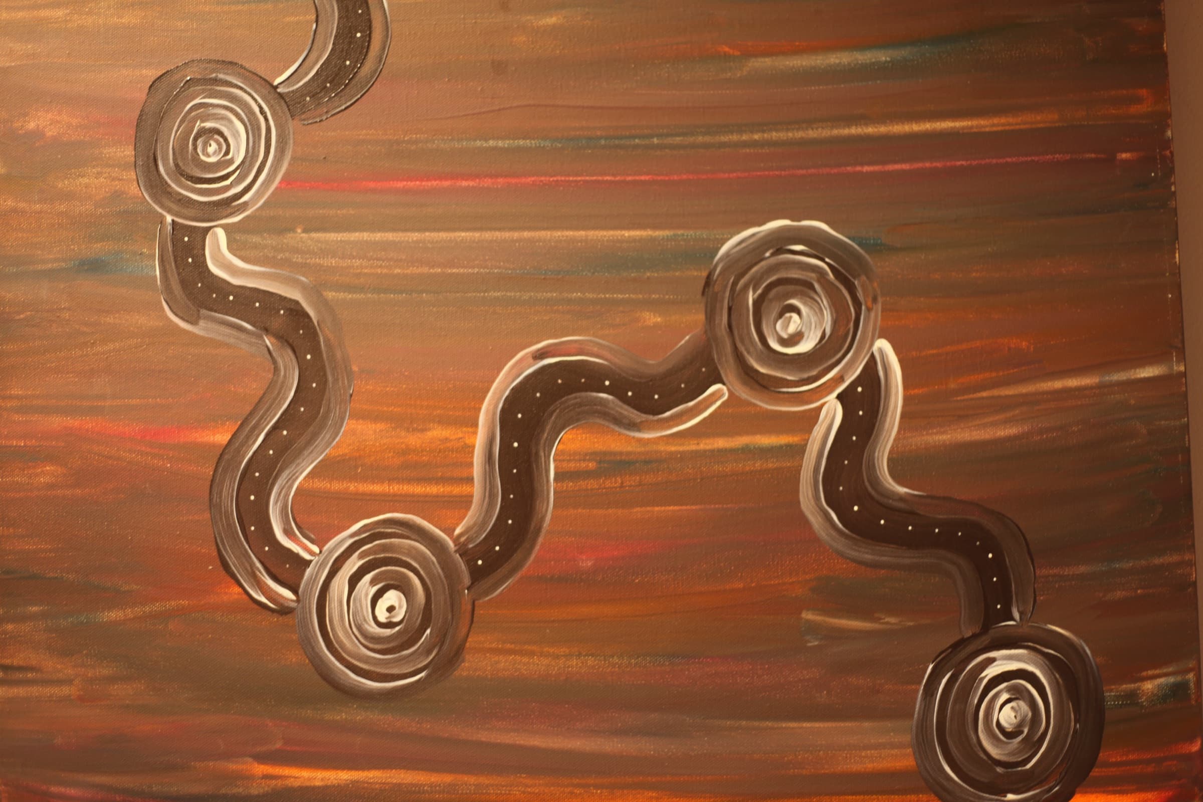 A painting of a winding line joining circles, in ochre and red